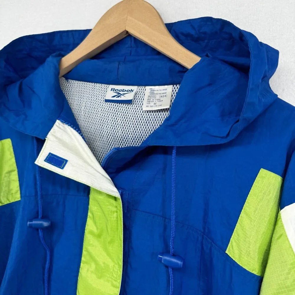 REEBOK Jacket Mens M Hoodie Windbreaker Vented Mesh Nylon Rain Coat Blue VTG - Picture 5 of 15